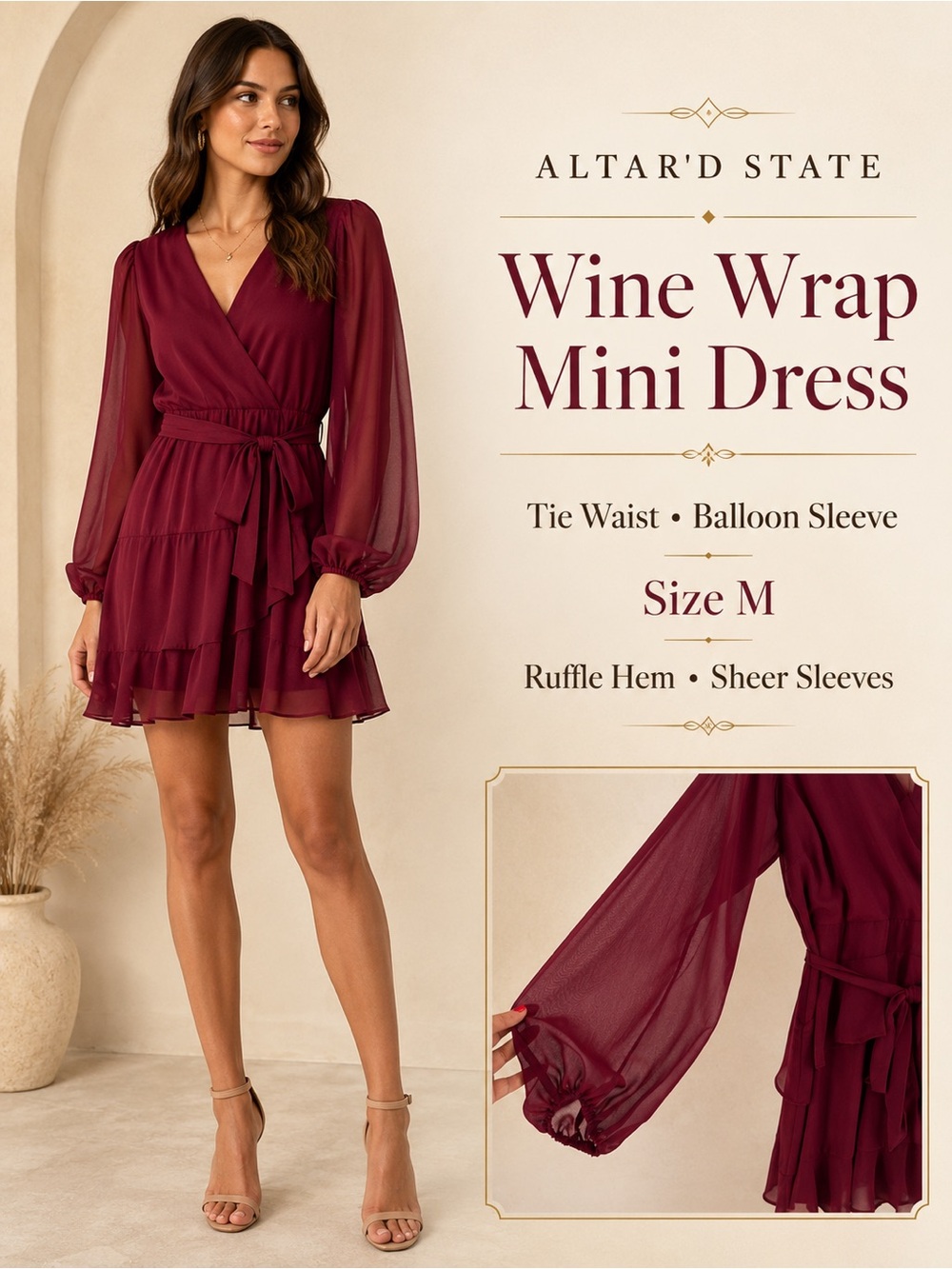 Altar'd State Mini Dress Womens M Red Tie Waist Balloon Sleeve Ruffle Wrap Front